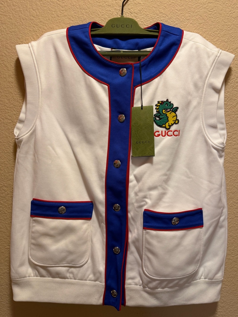 New Authentic Gucci Logo Dinosaur Button Up Vest White Blue Size S Oversized
